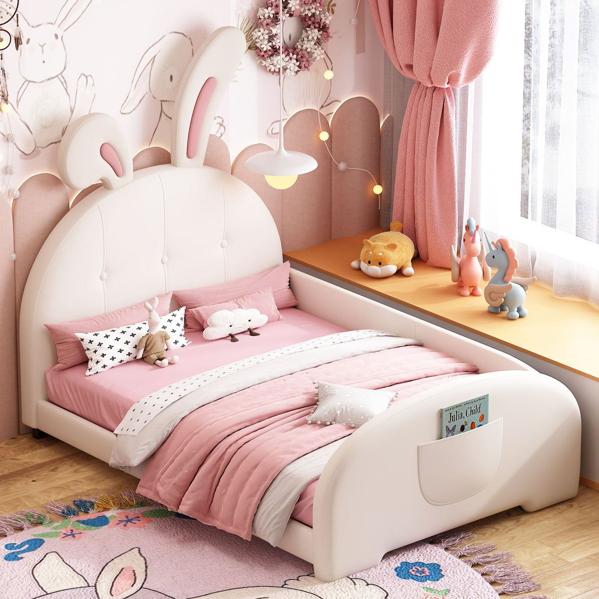 Upholstered Rabbit-Shape Princess Bed With Headboard And Footboard