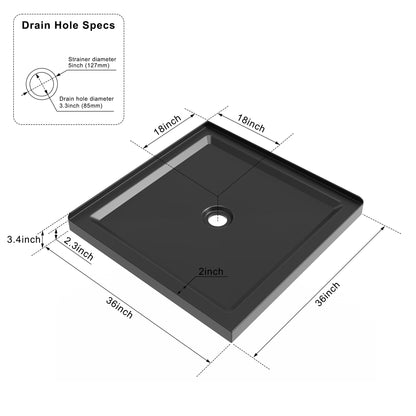 Shower Base, Anti Slip Center Drain Double Threshold - Black