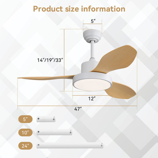 Ceiling Fan With 22W LED Light And Remote Control 6 Speeds Reversible DC Motor For Living Room - White