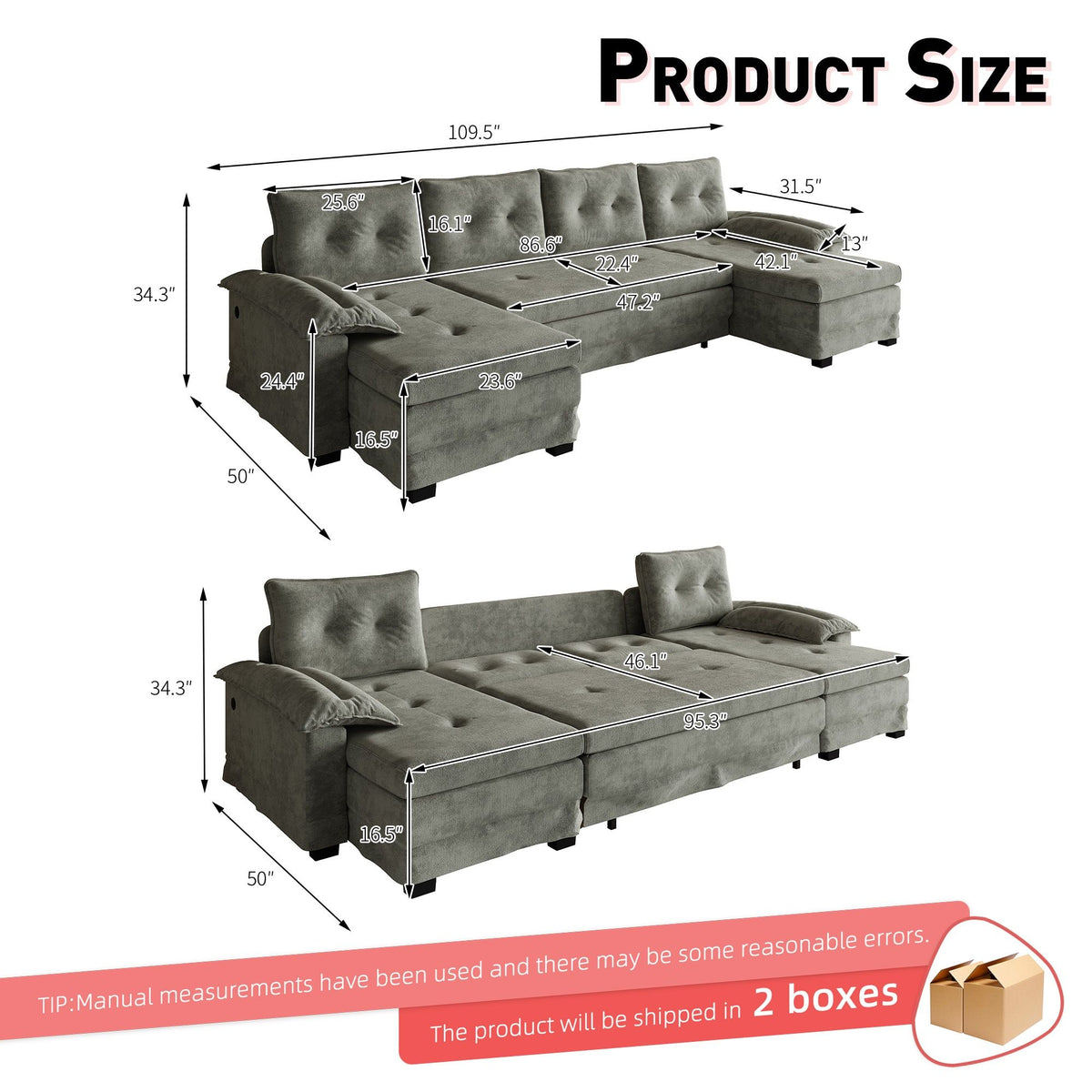 U-Shaped Sleeper Sofa With Pull Out Bed, Removable Armrests & USB Ports For Living Room