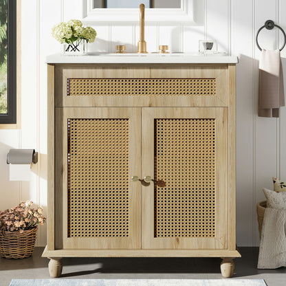 Bathroom Vanity With Handwoven Rattan Doors, Resin Basin - Natural Wood