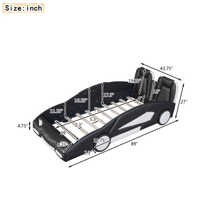 Race Car Shaped Twin Platform Bed With Wheels, Pine Wood Construction