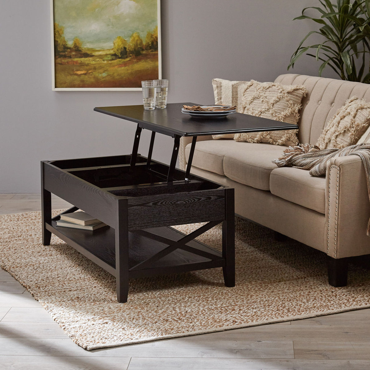 Decatur - Farmhouse Lift Top Coffee Table With Storage - Black / Ash