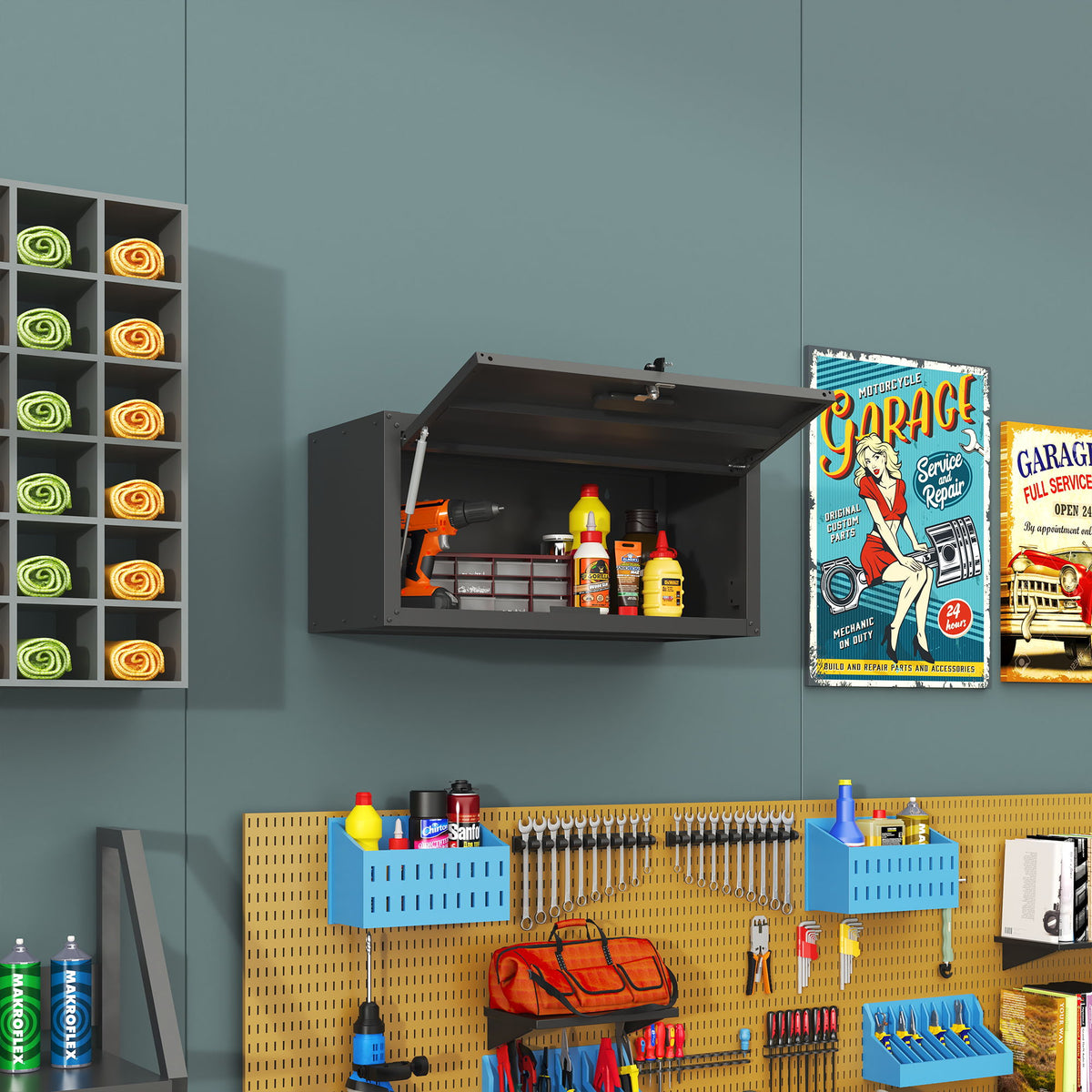 Heavy Duty, Metal Wall Mounted Tool Storage Cabinet Steel Metal Garage Storage Cabinet - Black / Gray