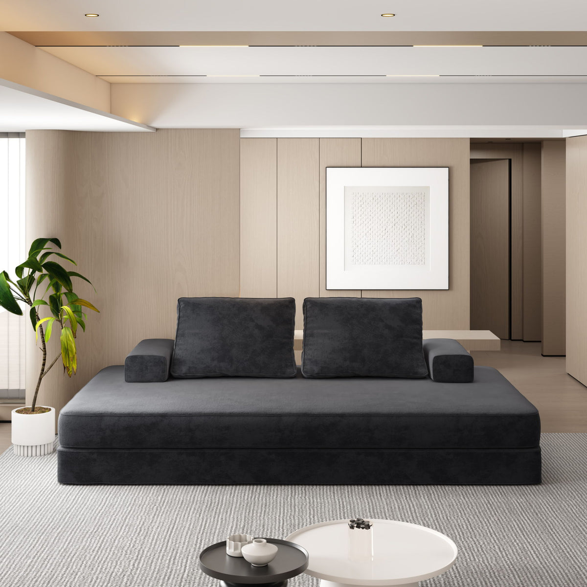 Multifunctional Convertible Sofa Bed With 2 Tumbler Backrests And 2 Pillows, Deep Seat Couch