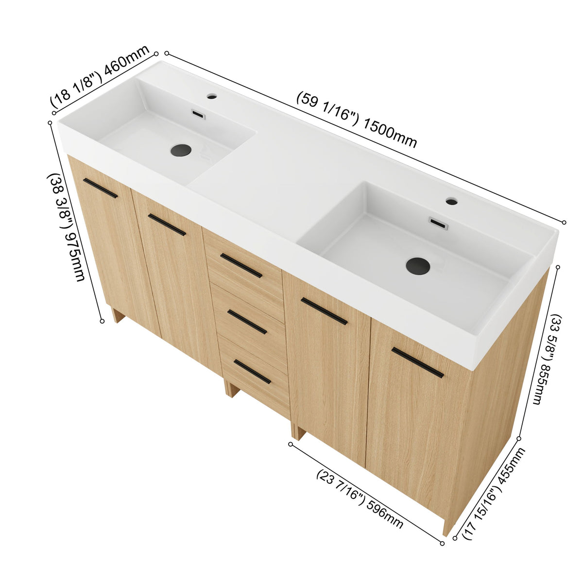 Double Sink Bathroom Vanity Set With Tall Linen Cabinet, 3 Drawers, Extra Large Storage, Integrated Sink, Freestanding Cabinet - Light Oak / White
