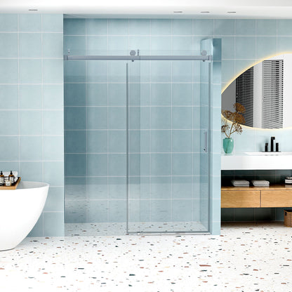 Frameless Soft Closing Shower Door, 1 / 4" (6Mm) Tempered Glass Single Sliding With Explosion Proof Coating - Chrome
