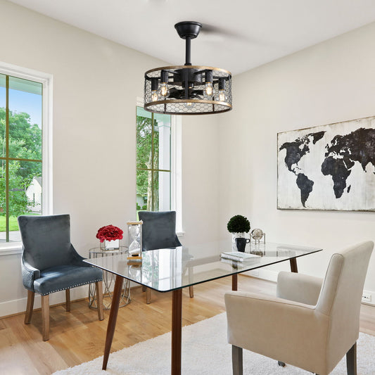 Industrial Caged Ceiling Fan With 7-Abs Blades Remote Control, Small Ceiling Fan Reversible Dc Motor With Etl Certificate - Black / Gold