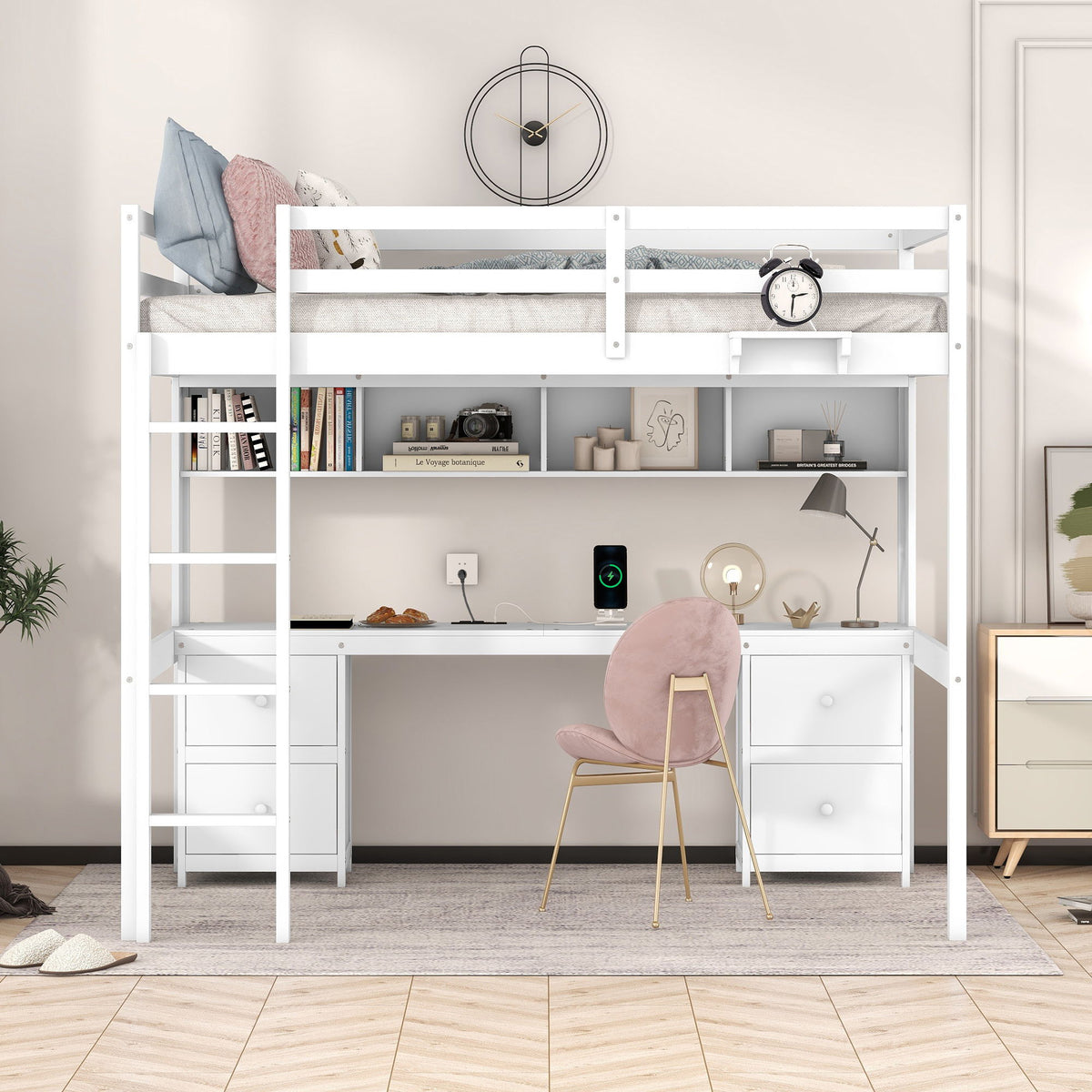 Full Size Loft Bed With Desk, Cabinets, Drawers, Charging Station And Bedside Tray, Sturdy Frame, No Box Spring Required - White