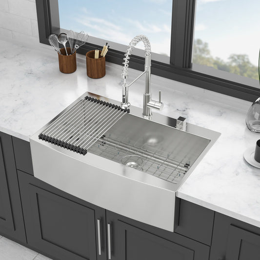 Farmhouse Style Topmount Apron Front Kitchen Sink With Easy Maintenance In Stainless Steel - Brushed Nickel