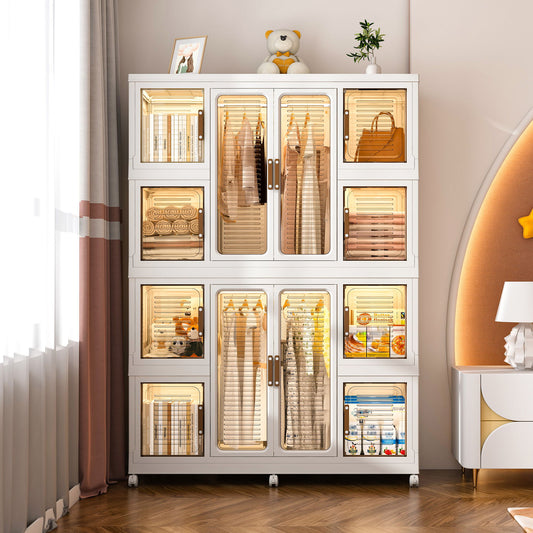Portable Wardrobe Closet Storage Organizer For Clothes With Magnetic Doors, 12 Cubes & 2 Hanging Rods - White
