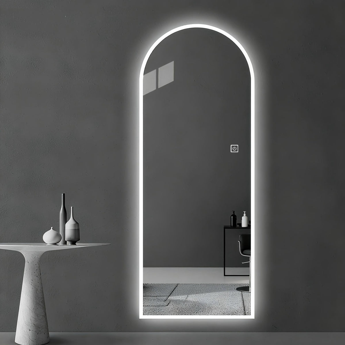 LED Full Length Wall Mirror With Symmetrical Arch Design, Dimmable 3 Color Temperature Lighting - Silver