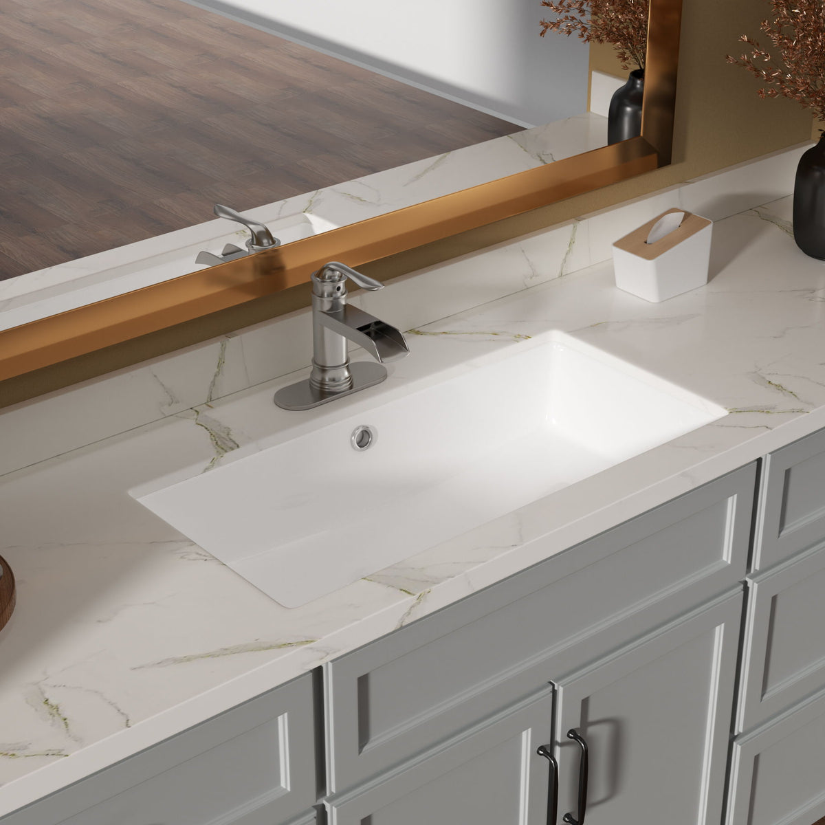 Modern Rectangular Undermount Bathroom Sink With Overflow Ceramic
