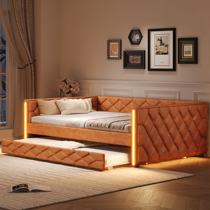 Upholstered Full Long Daybed With Trundle And LED Armrests - Brown