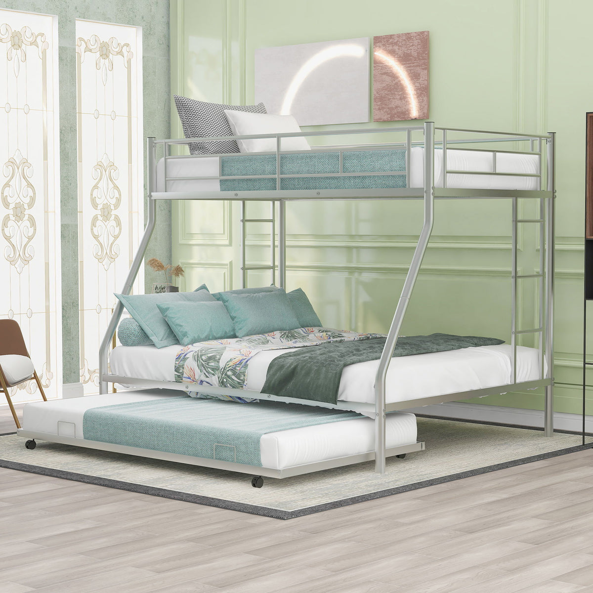 Bunk Bed With Steel Frame And Trundle, 2 Side Ladders