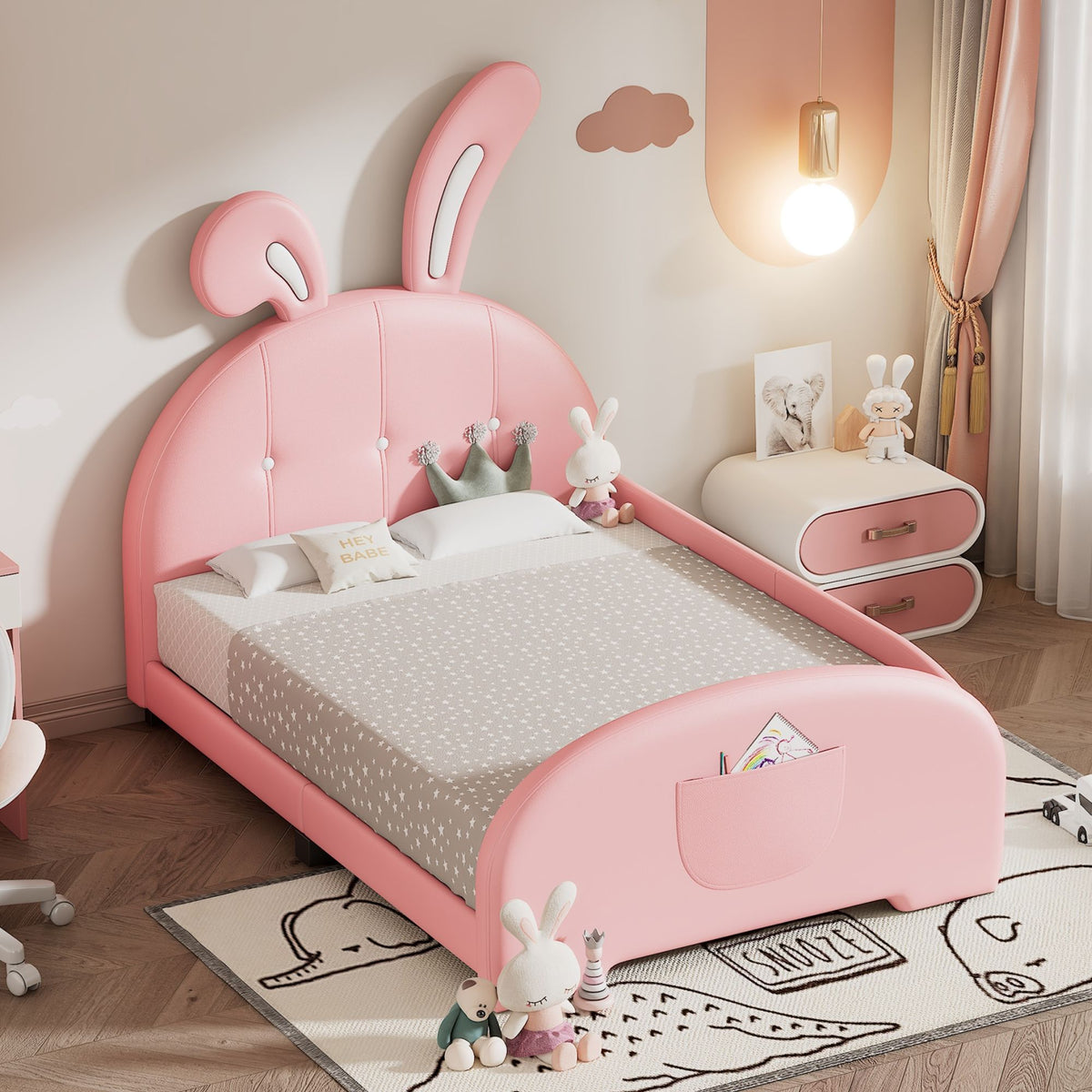 Upholstered Rabbit-Shape Princess Bed With Headboard And Footboard