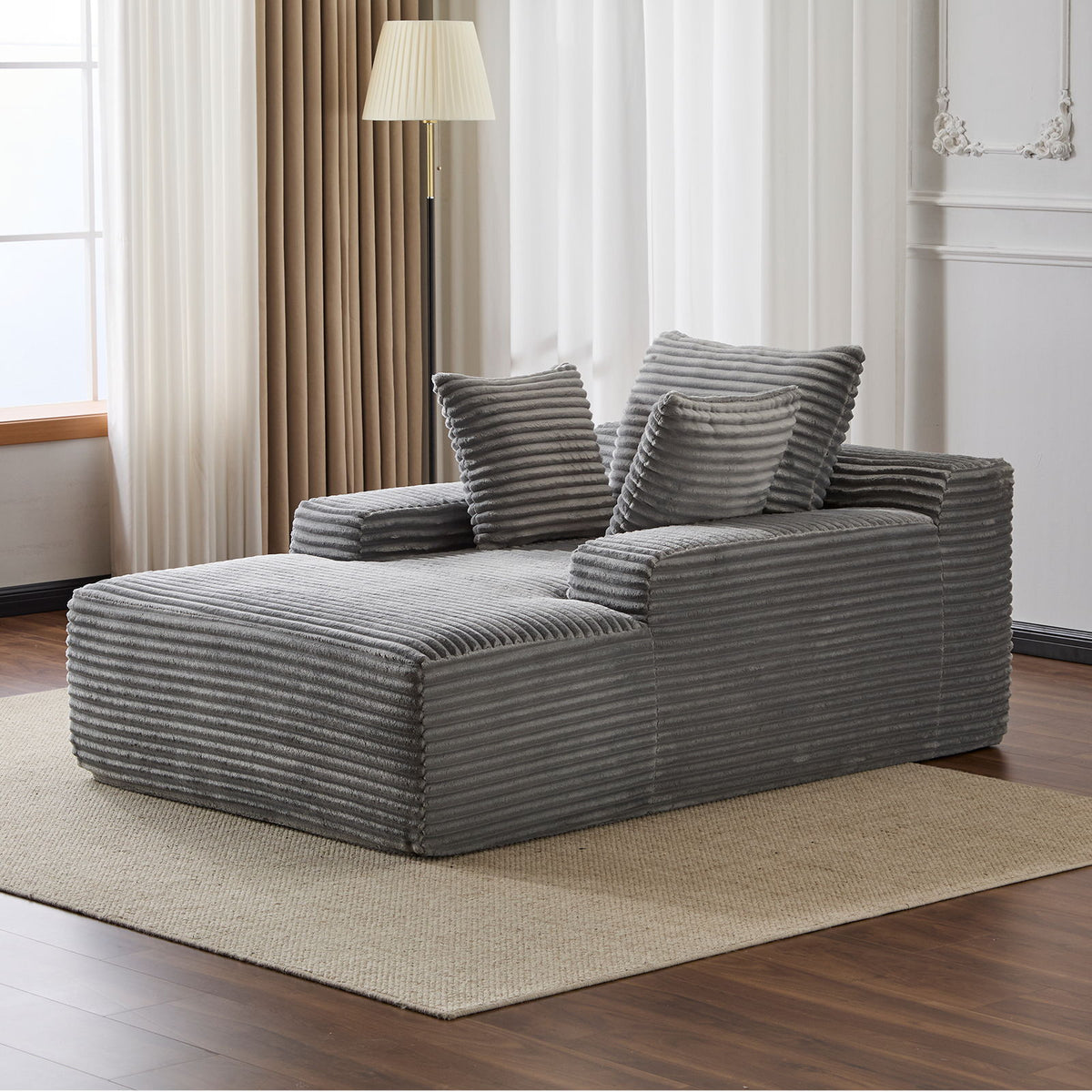 Oversized Chaise Lounge Chair Cozy Cloud Couch, Plush Corduroy Upholstered Sleeper Sofa Daybed With 3 Throw Pillows And Wide Armrest For Living Room - Gray
