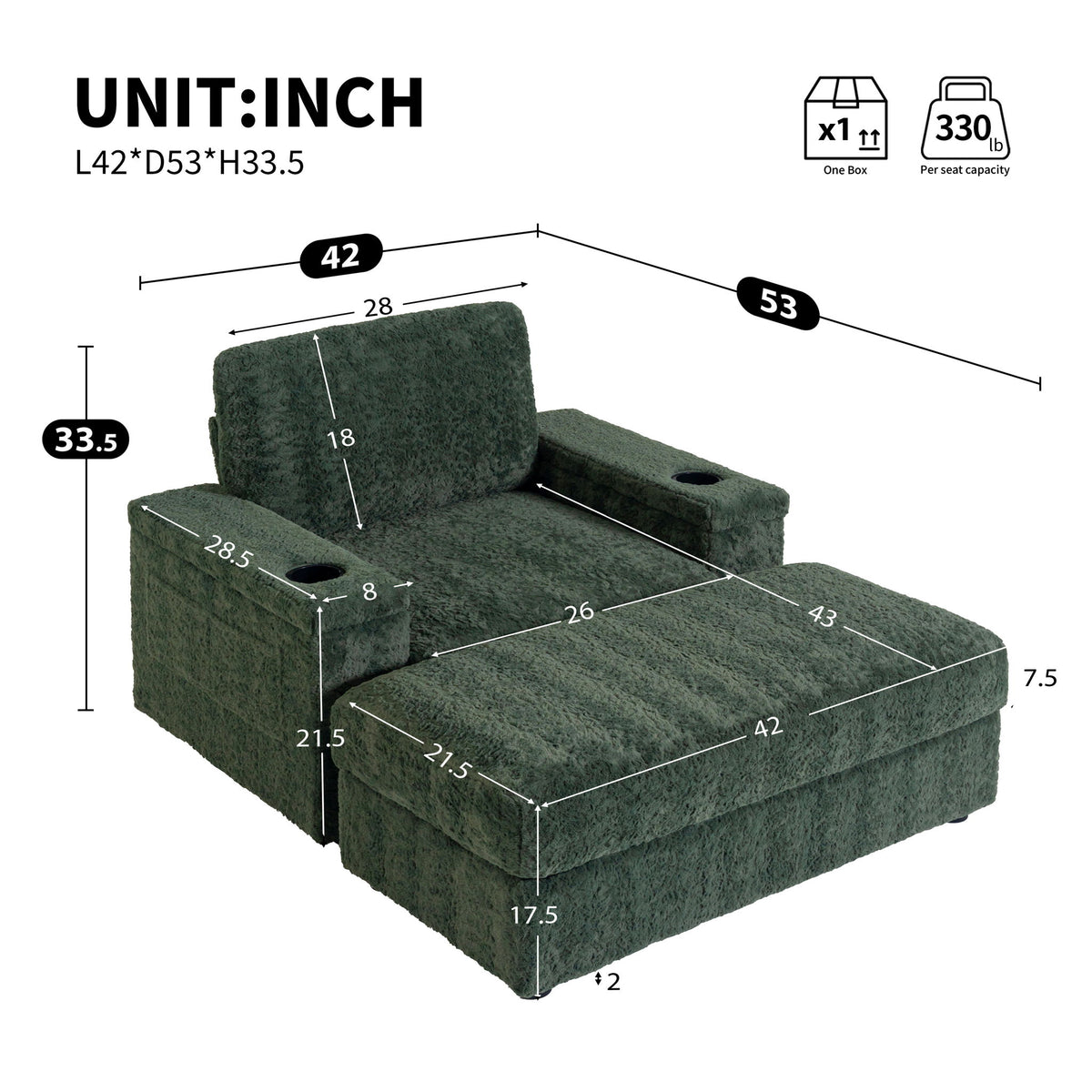 Oversized Chaise Lounge Indoor Rabbit Fur Sofa Bed With Storage Ottoman And Armrests Cup Holders With Deep Seat