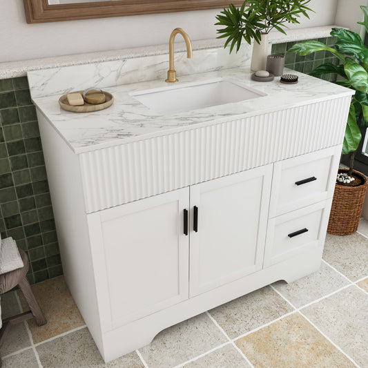 Bathroom Vanity Set, Fluted Cabinet, Soft Close Doors & Drawers, Single Faucet Hole, Sink Included - White