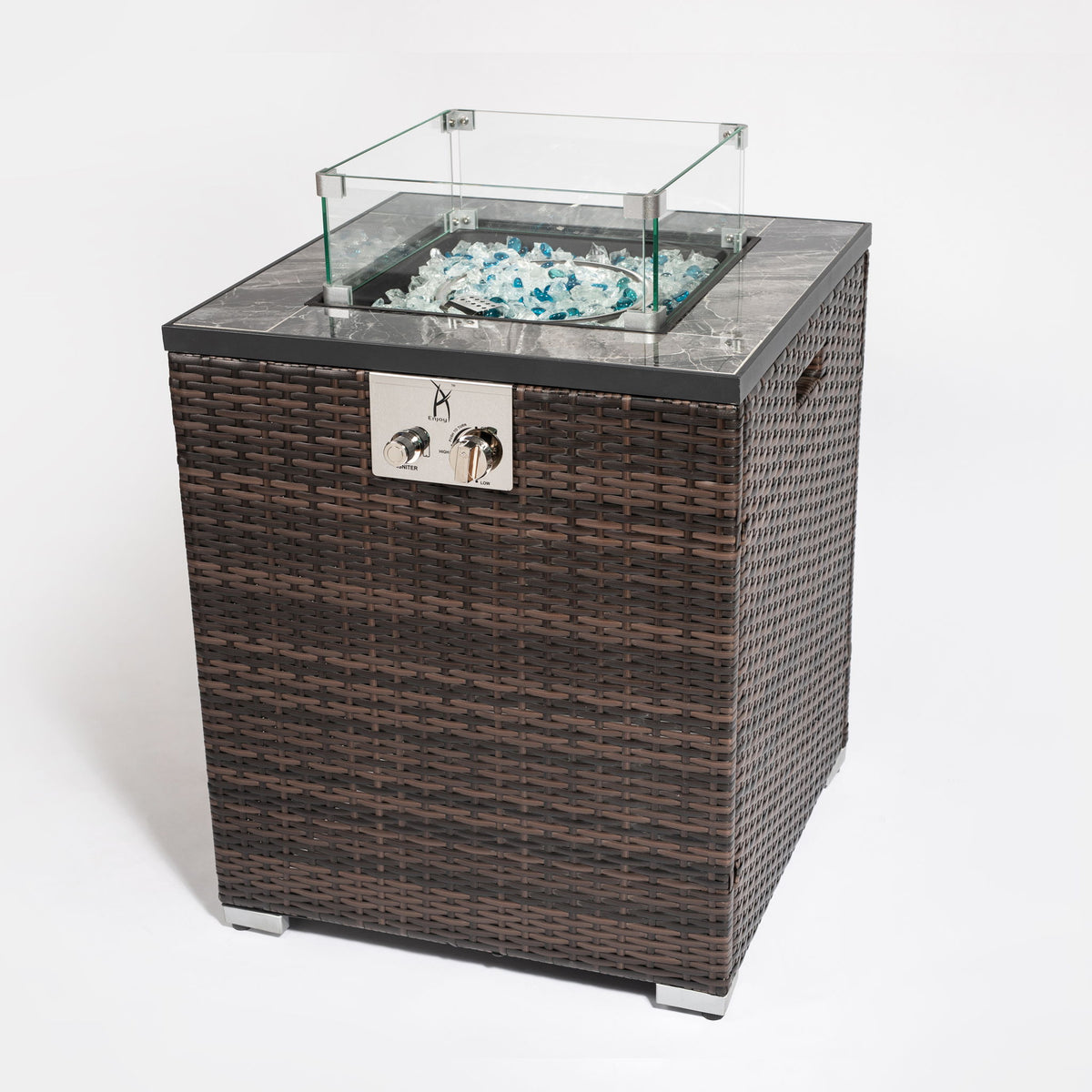 Propane Gas Square Fire Pit, Tile Tabletop With Beautiful Wicker Base For Outside