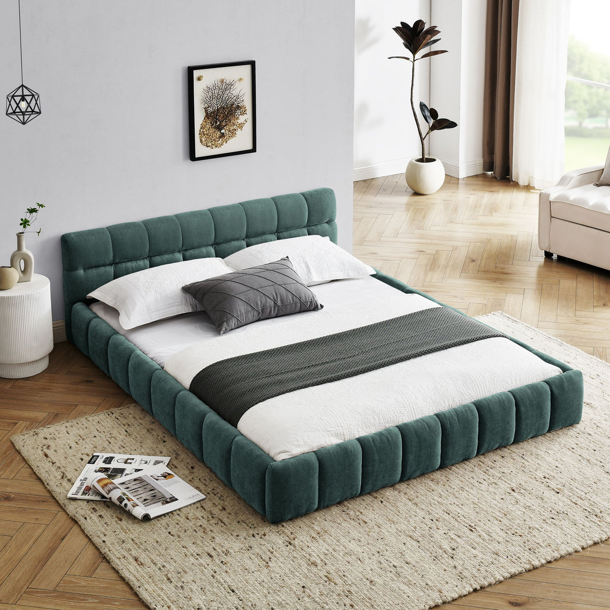 Modern Platform Bed Frame With Thick Fabric