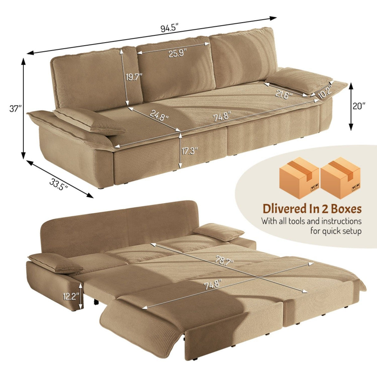 King Size Pull Out Sofa Bed, 3 In 1 Convertible Multifunctional