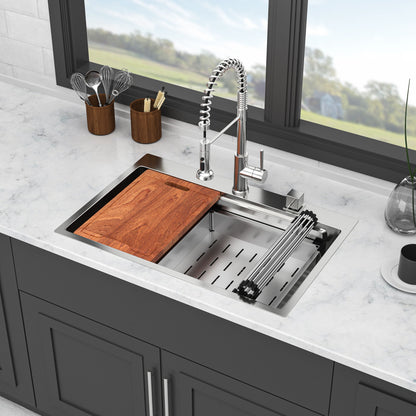 33" Drop In Kitchen Sink Single Bowl 16 Gauge Stainless Steel Ledge Workstation - Brushed Nickel