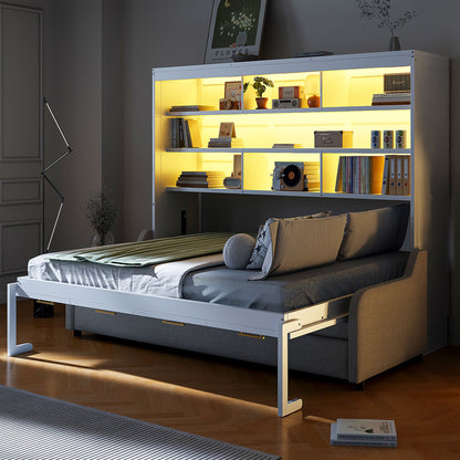 Murphy Cabinet Bed With Folding Sofa, Built In Storage Shelves And LED Light
