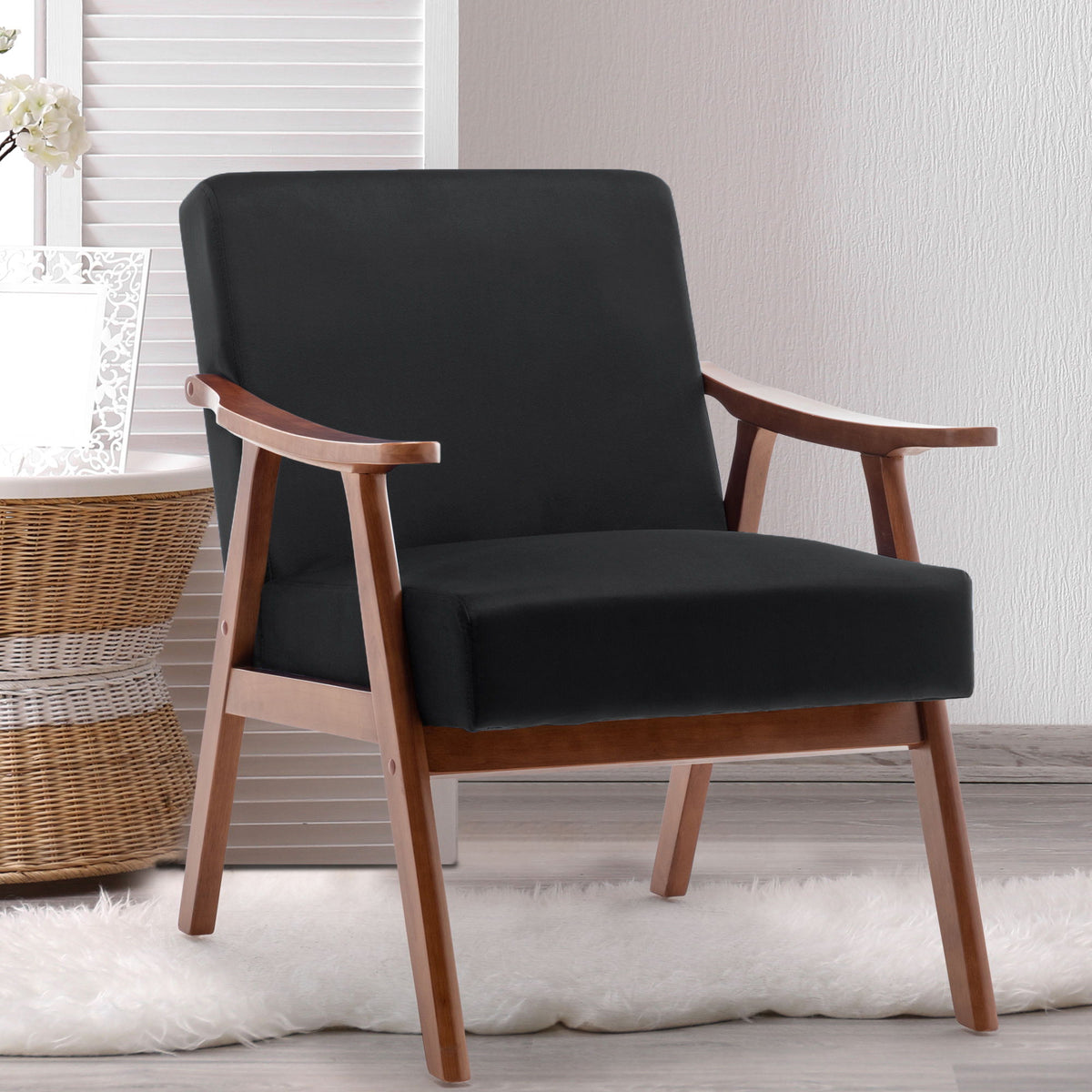 Mid Century Modern Accent Chair With Solid Wood Frame And Extra Thick Backrest