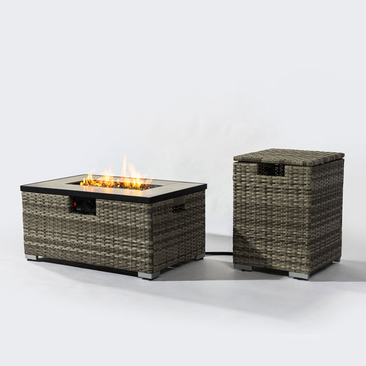 32" Propane Gas Fire Pit Table With Propane Tank Cover, 50000 Btu Rectangular Steel Fire Pit With Beautiful Wicker Base