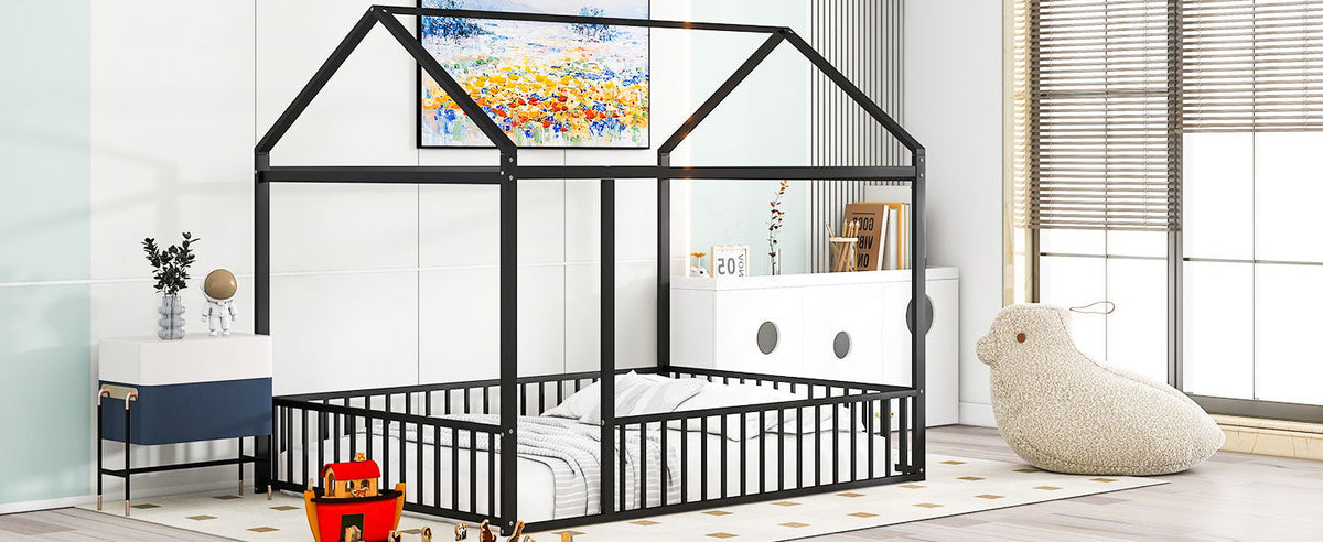 Metal Bed House Bed Frame With Fence