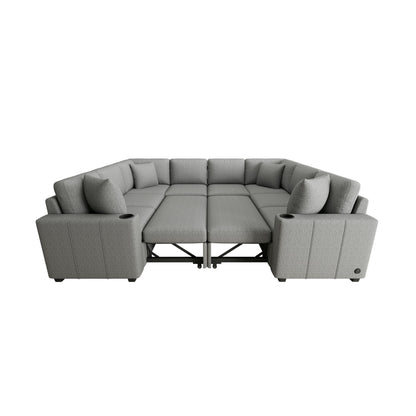 Modern U-Shaped Sectional Sofa Convertible Pull-Out Sofa Bed With USB Ports And Cup Holders