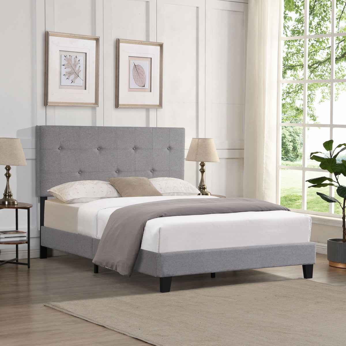 Modern Upholstered Platform Bed Frame With Button Tufted Headboard And Wood Slat Support