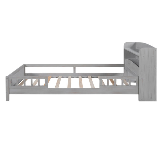 Wood Platform Bed With Built In LED Light, Storage Headboard And Guardrail