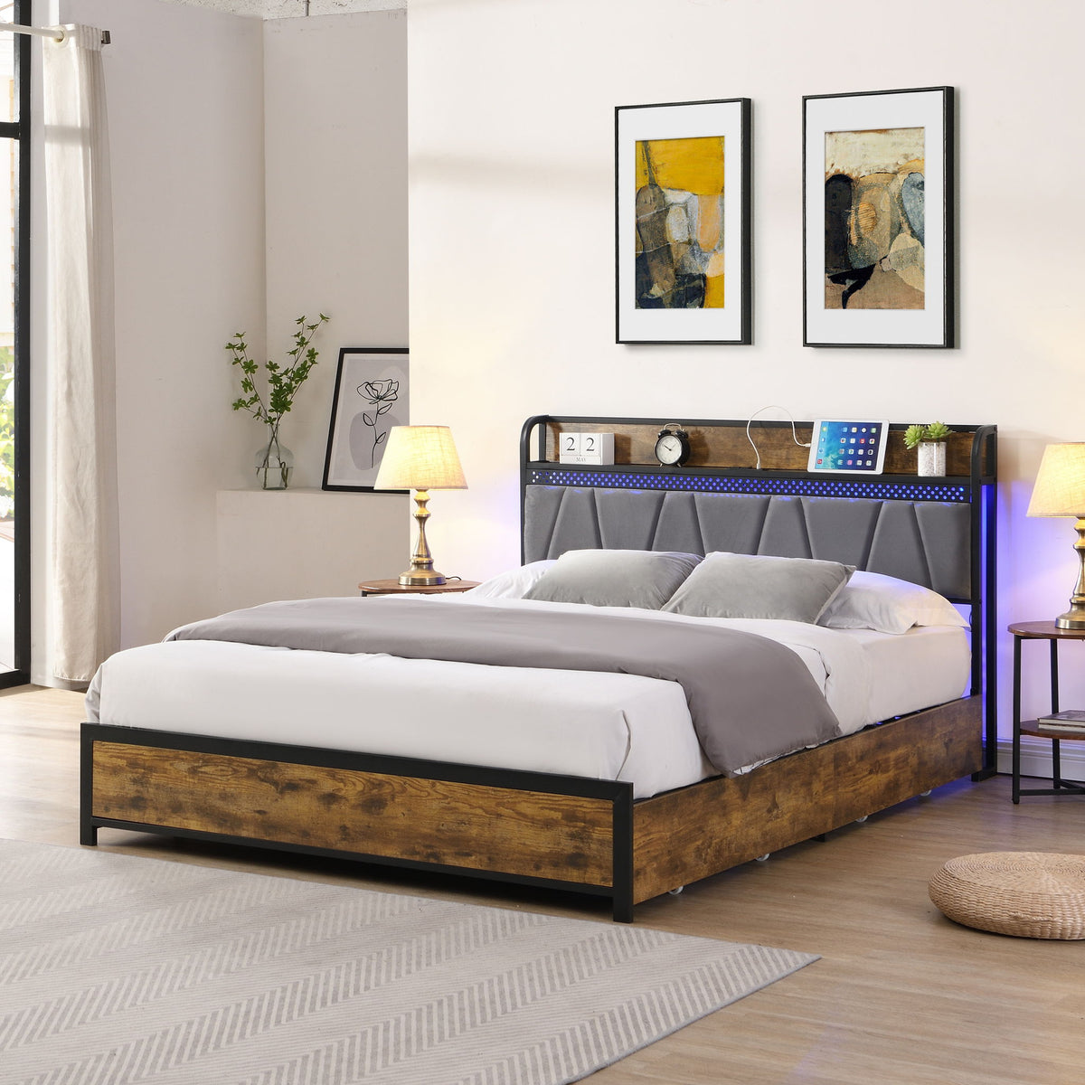 Contemporary Bed Frame With Storage Headboard, Charging Station, LED Lights