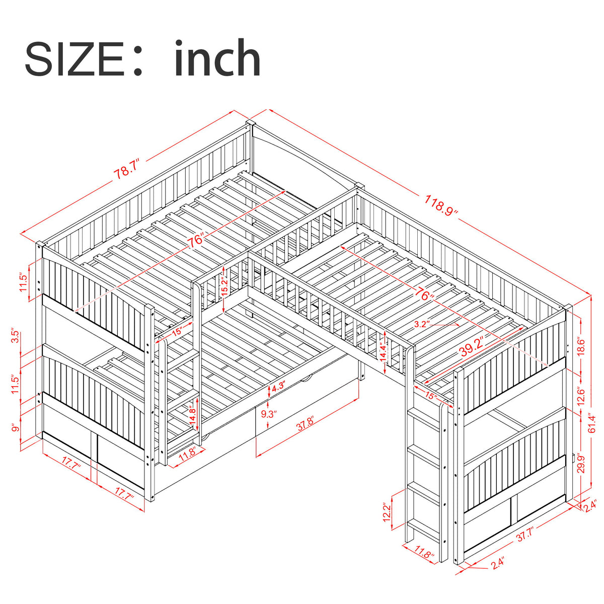 Bunk Bed With Loft And 2 Drawers