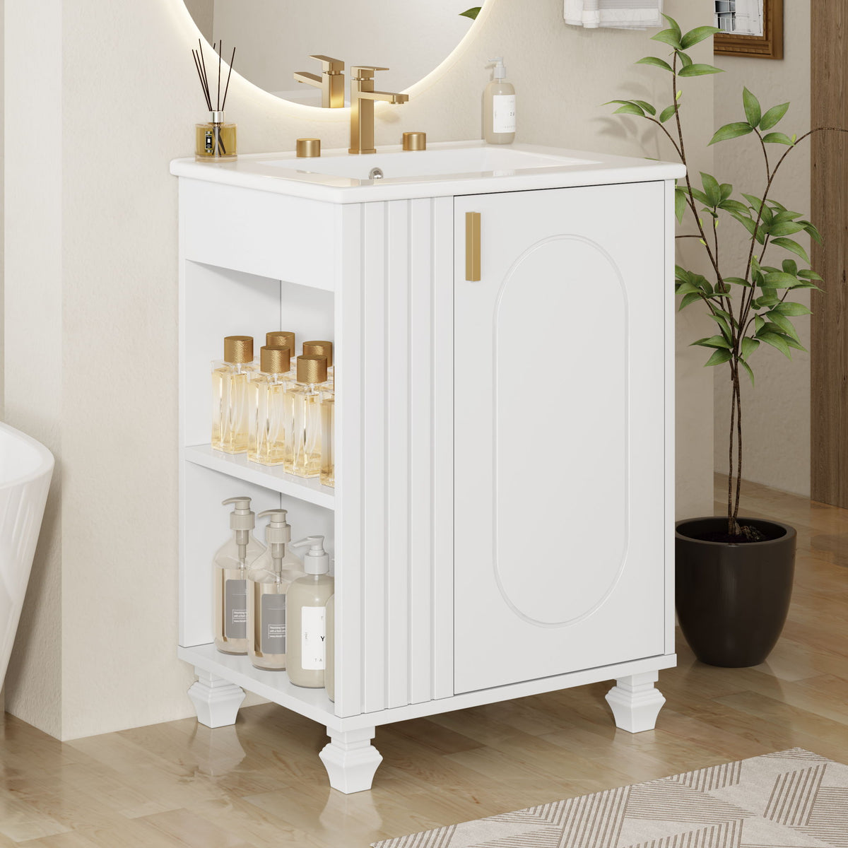 Classic Retro Bathroom Vanity With Sink, Door Shelf, Side Open Storage Frame