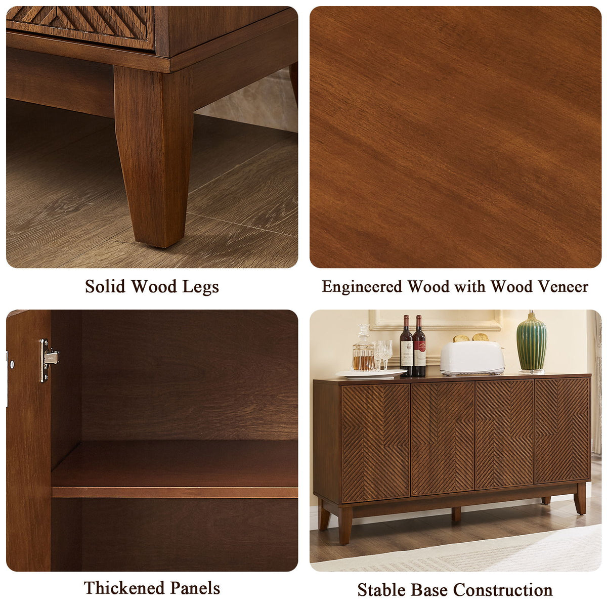 TV Stand & Carved Geometric Doors, Storage Cabinet For Living Room - Walnut