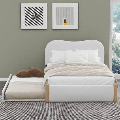 Upholstered Platform Bed With Wood Supporting Feet And Trundle