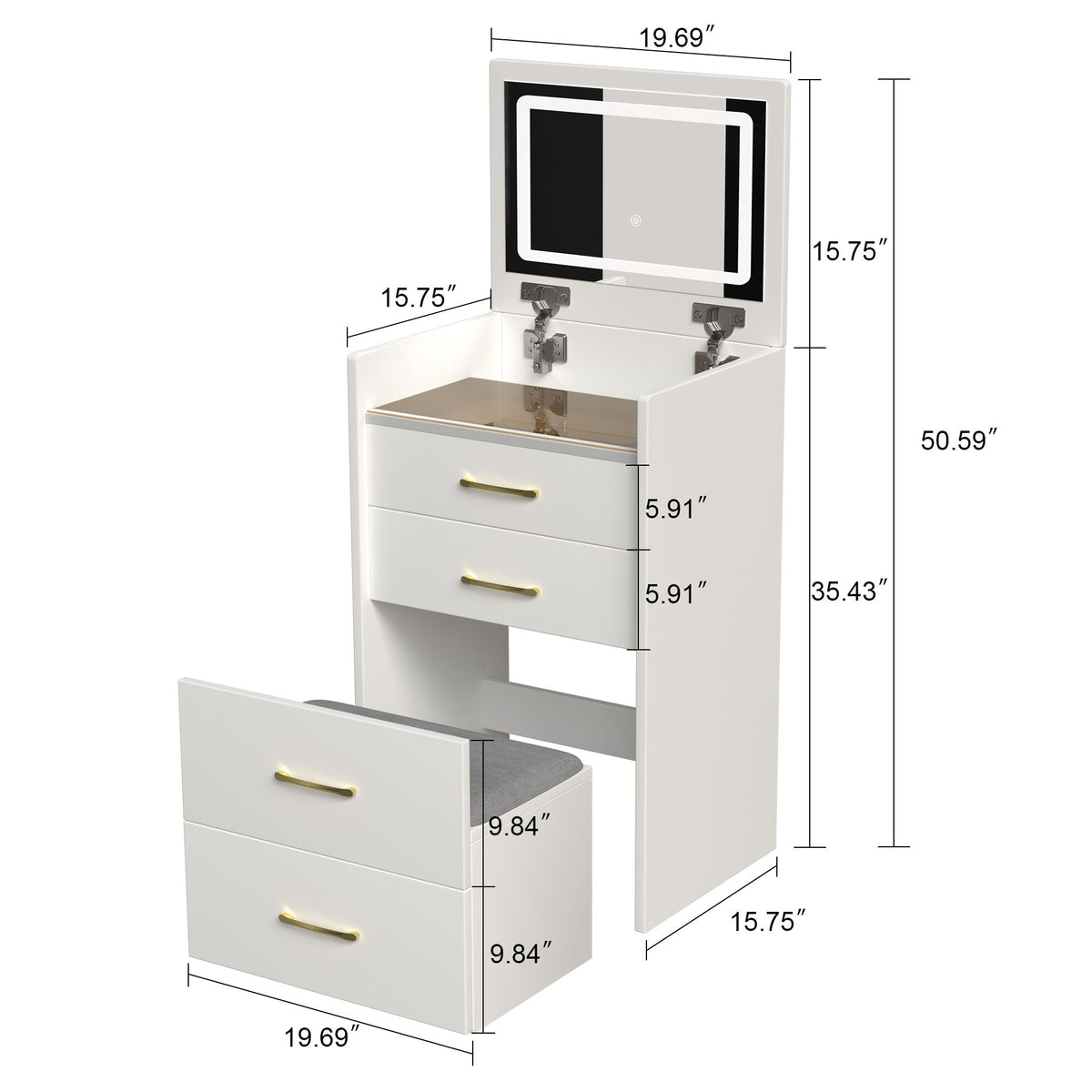 Compact 3 In 1 Vanity Desk With Open Top Mirror, Glass Desktop, 5 Height - White
