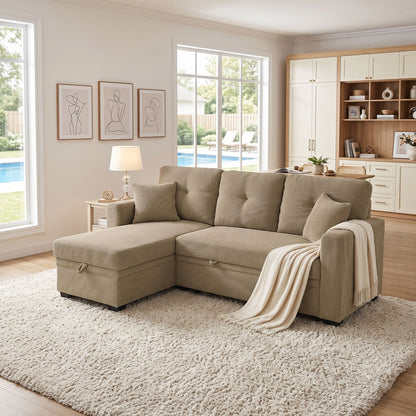 Sleeper Sectional Sofa With Pull Out Bed, Reversible Chaise, Hidden Storage