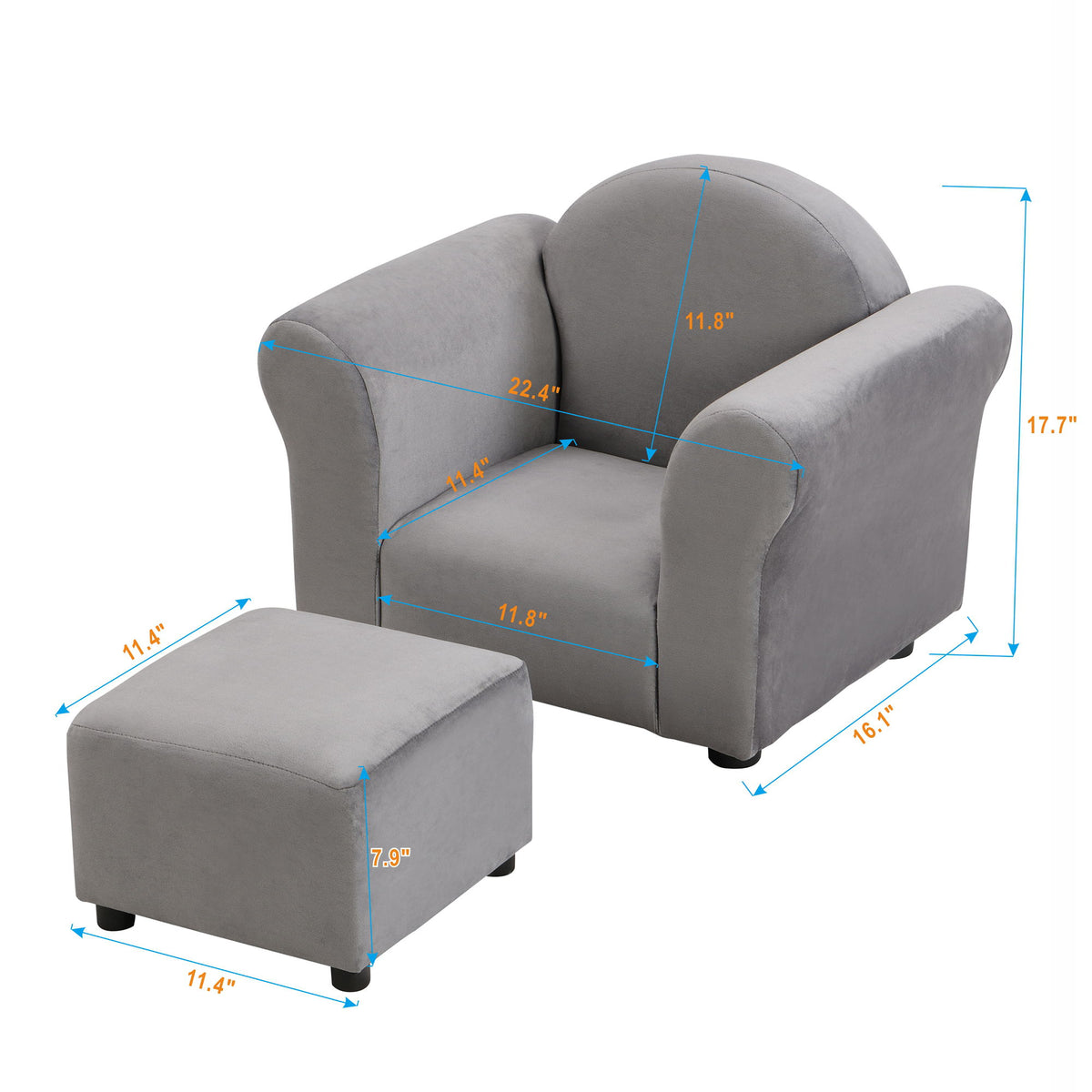 Kids Recliner Chair, Kids Upholstered Couch With Ottoman - Dark Gray