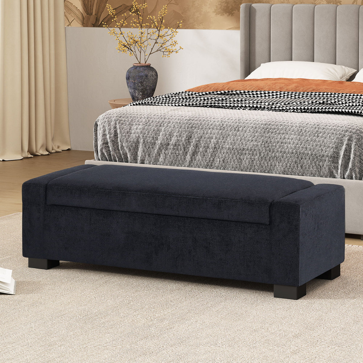 Textured Fabric Ottoman Bench With Hinged Lid