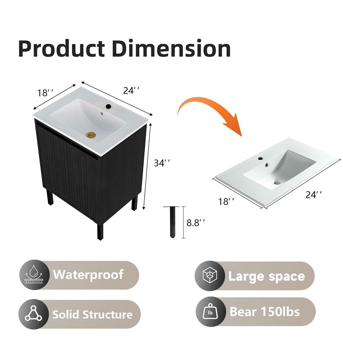 Bathroom Vanity With Ceramic Sink, Floor-Standing Design, Soft-Closing Drawers