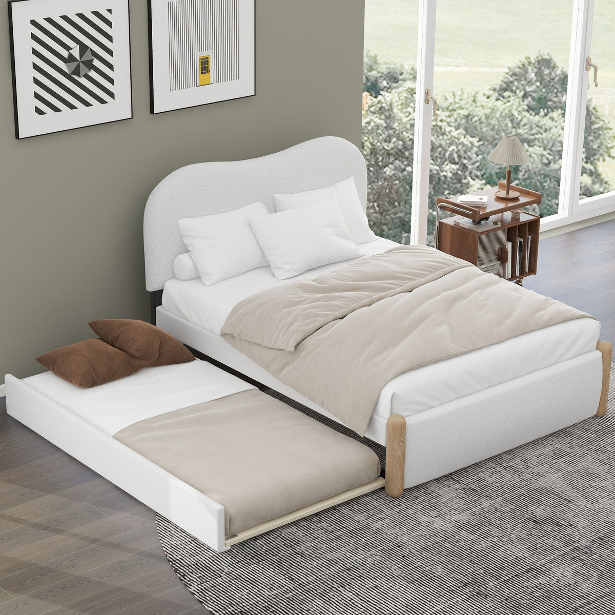 Upholstered Platform Bed With Wood Supporting Feet And Trundle
