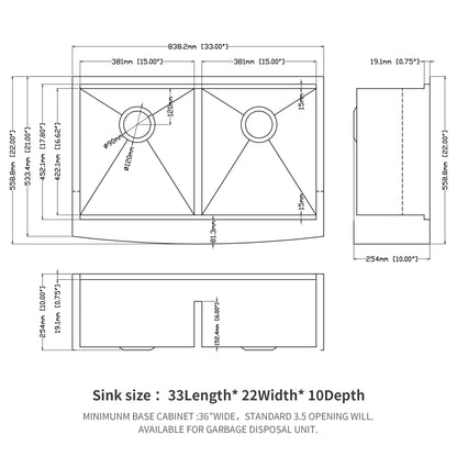 Farmhouse Double Bowl Workstation Kitchen Sink 33" Stainless Steel 16 Gauge Apron Front, Finish - Brushed Nickel