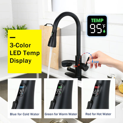 3 In 1 Kitchen Faucet With LED Temperature Display, Pull Down Sprayer