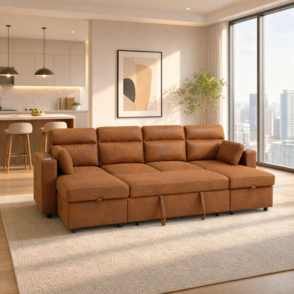 Convertible Sectional Sofa With Storage Chaise, Cup Holders And Pull Out Sleeper
