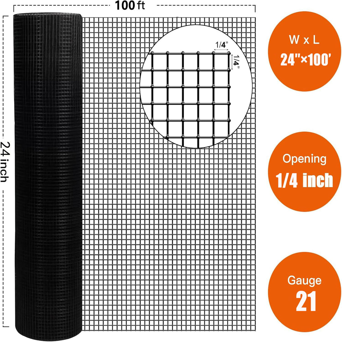 Vinyl Coated Hardware Cloth, 21 Gauge, Welded Wire Fence - Black