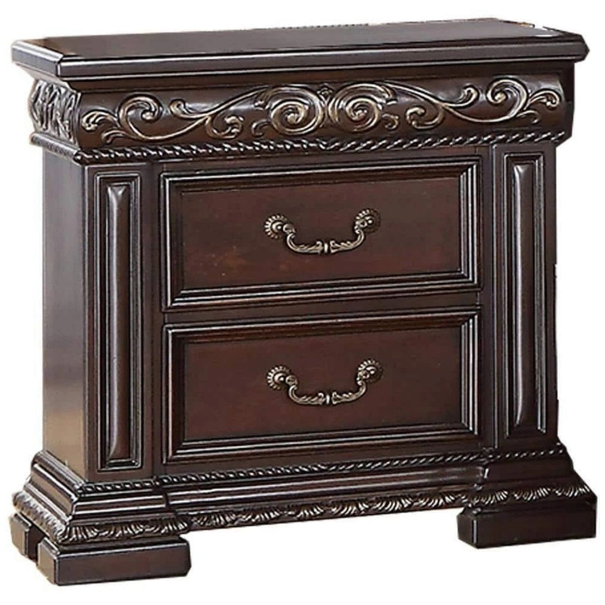 2 Drawer Nightstand, Carvings Bedside Table, Bedroom Furniture - Cherry